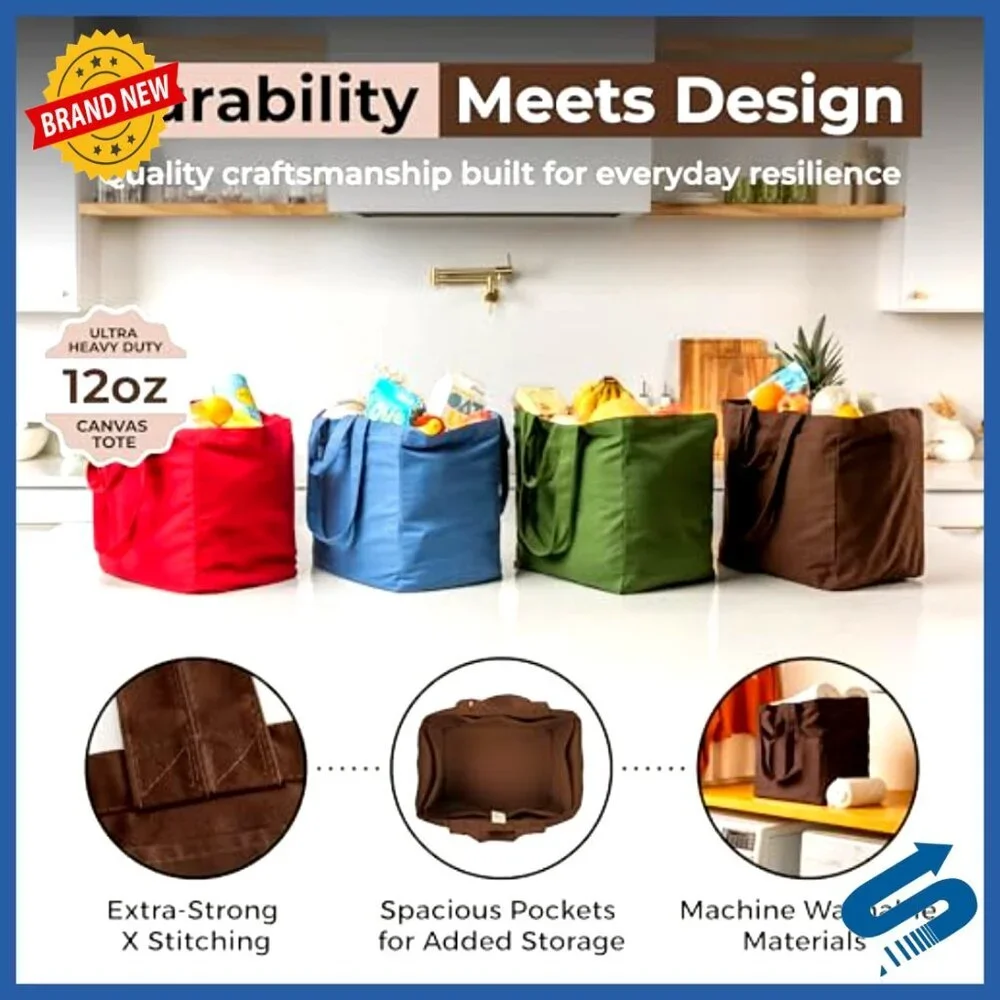 Heavy Duty Canvas Tote Set with Pockets Foldable Washable Grocery Bags